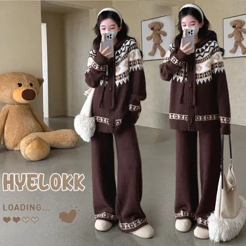 Pregnant Autumn Winter Outfit Loose Slim Fit Soft Comfortable Printed Hooded Knit Sweater And Wide Leg Pants Two Piece Set
