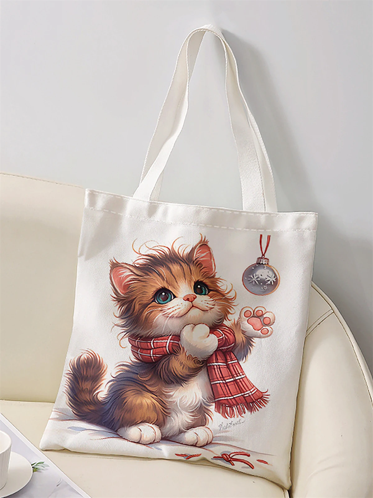 Cat pattern printed casual handbag, reusable fashionable backpack, multifunctional handbag, canvas shopping bag