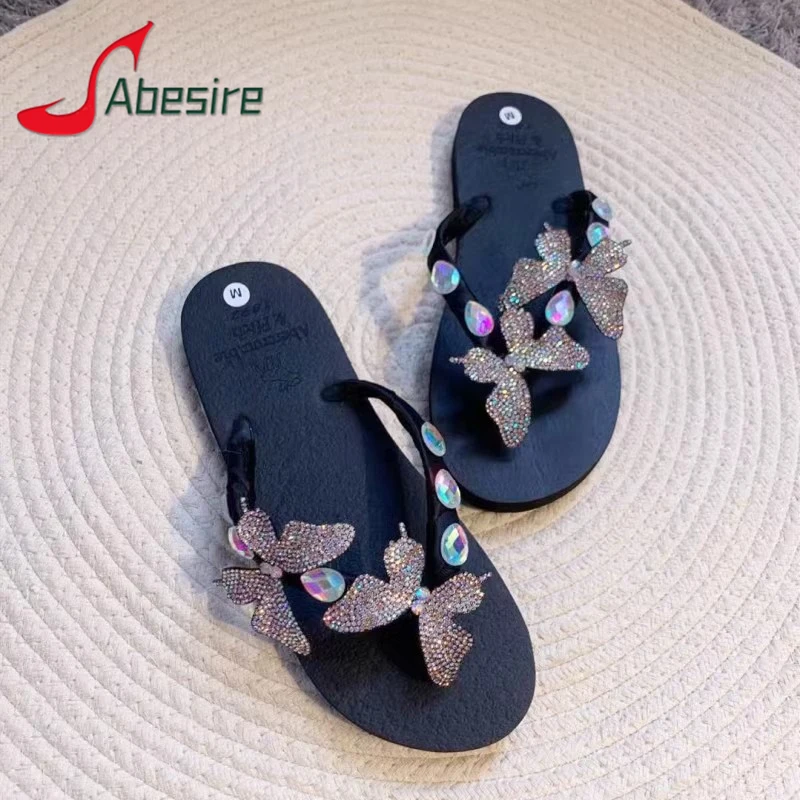 

Шлепанцы женские с бабочкой, люксовые сандалии на плоской подошве с кристаллами, черного цвета, летняя уличная пляжная повседневная обувь