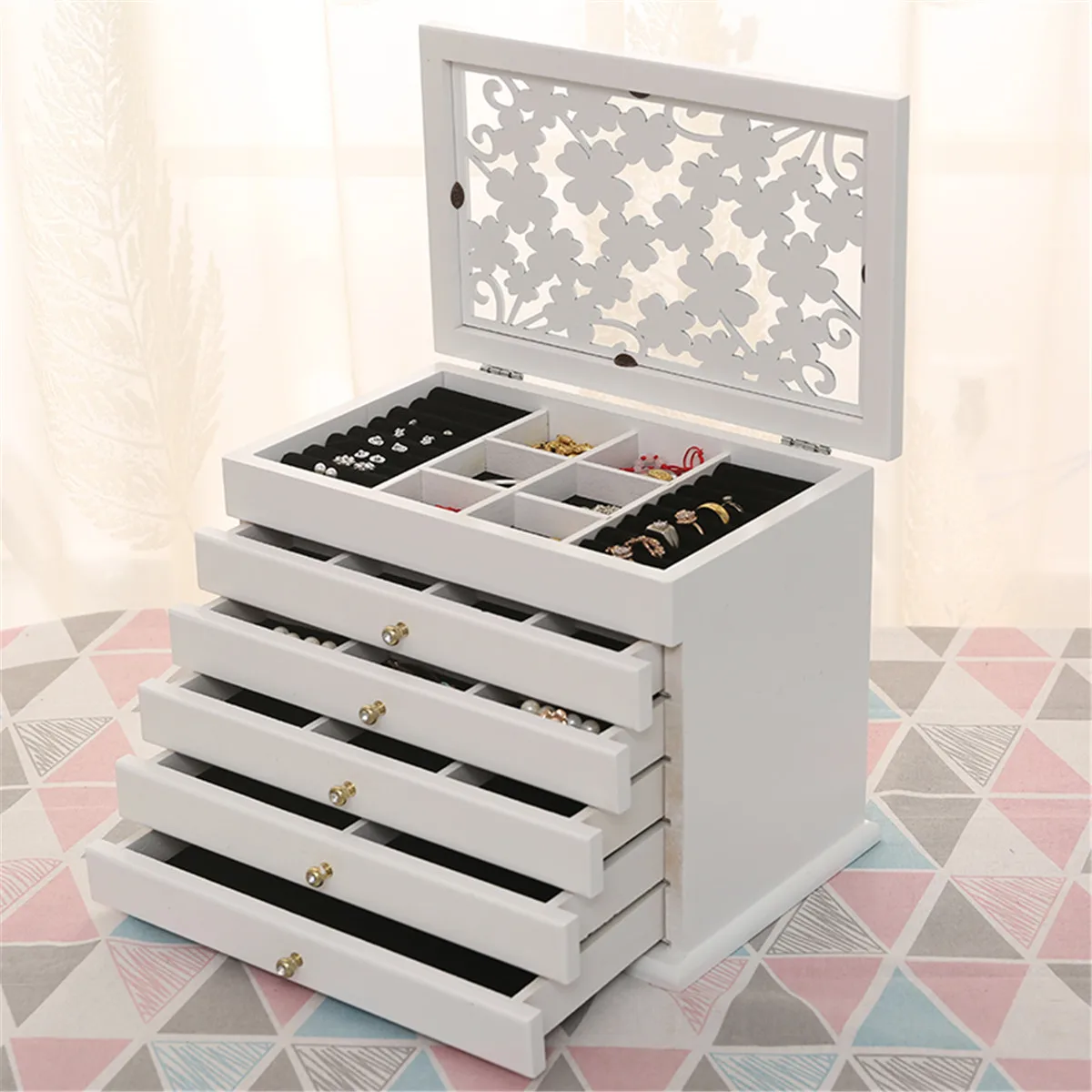

Multi-Layer Big Wooden Jewelry Box Hollow Out/With Mirror Jewelry Display Casket Earrings Ring Boxes Jewelry Organizer Gift Box