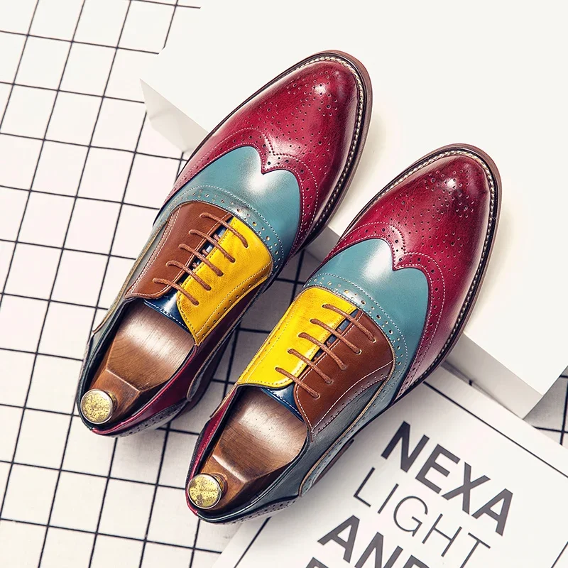 

Brock New Men Colorblock Round Head Flat Heel Durable British Fashion Fashion Leather Shoes Sizes 38-48 Men's Formal Shoes