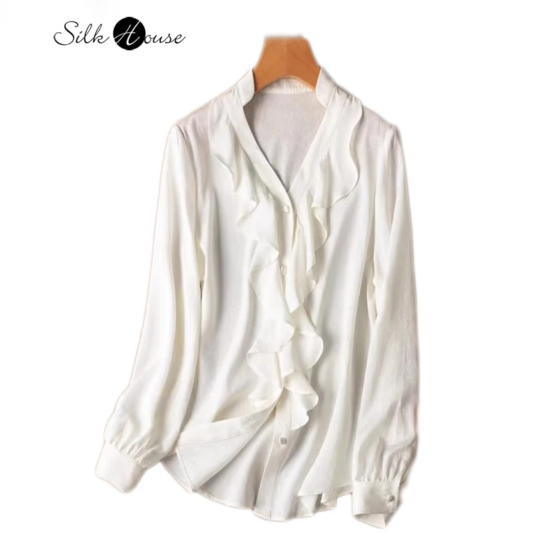 

21MM Jacquard Elastic SangBo Satin 93%Natural Mulberry Silk V-neck Flounce Commuting Long Sleeved French Women's White Shirt