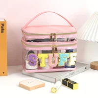 1pcs Large Capacity Letter Embroidery Double Layer Transparent Cosmetic Bag Toiletry Bag Travel Storage Bag Suitable for Travel 1