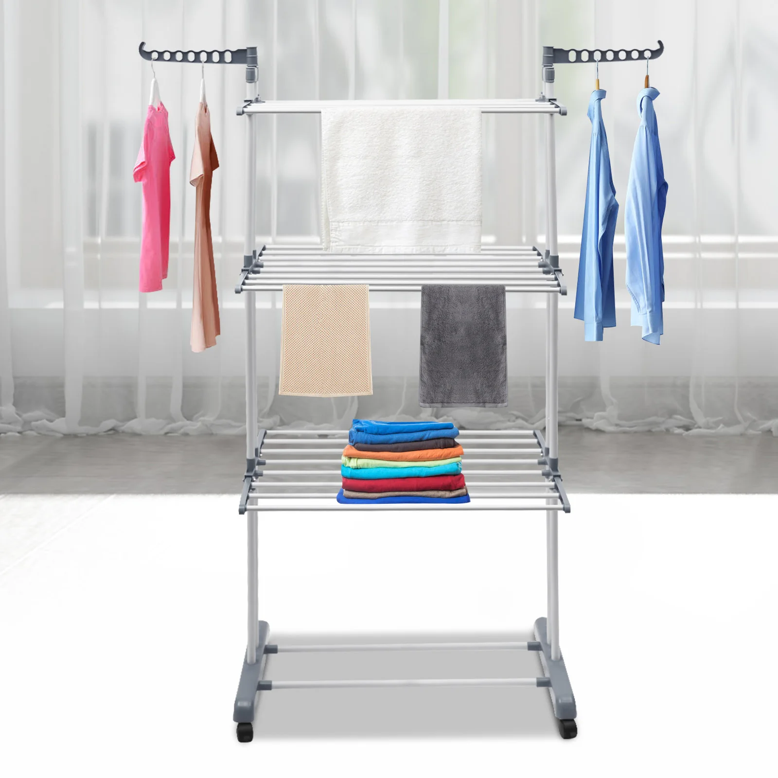 Modern 4 Tiers Metal Clothes Drying Rack Rectangular Folding Rolling Dryer Hanger Free Stand Laundry Organizer Gray/Blue 5