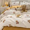 Cartoon Cat Panda Bedding Set INS Korean Flower Duvet Cover Pillowcase Sheet Cute Bedclothes for Kids Boys Girls Bed Linen 4