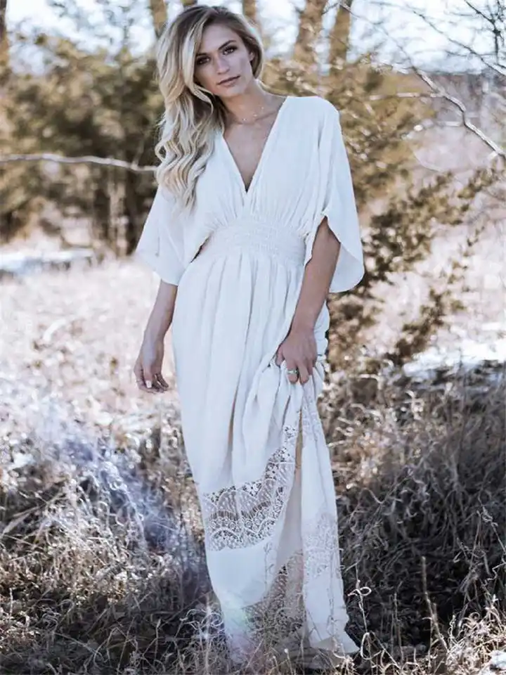 OKGD Zomer Katoen Witte Jurk Voor Vrouwen Casual Holle Gehaakte Boheemse Losse Strand Lange Jurk Dames Plus Size Vakantie Ruches Jurk-Wit, XL