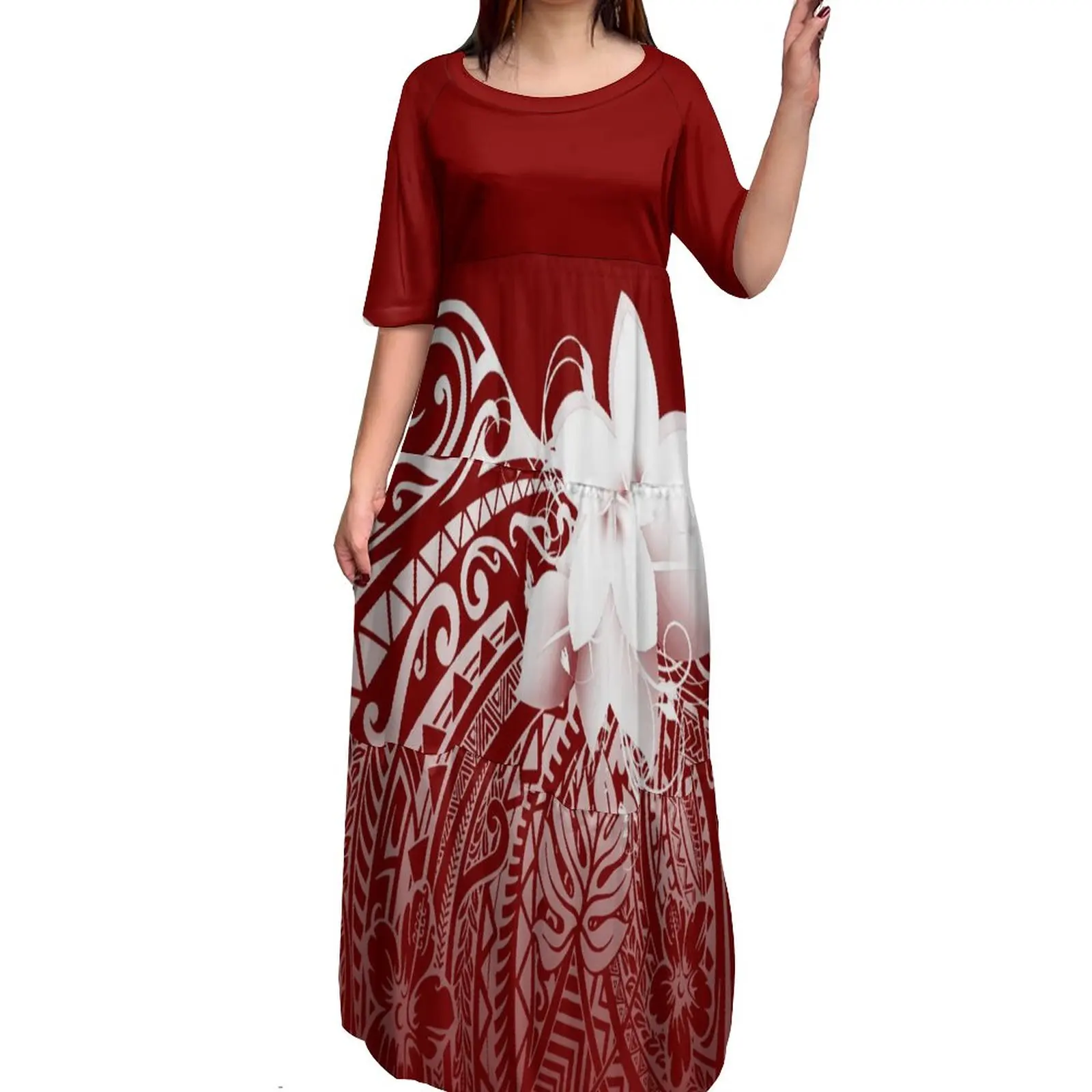 

2023 Summer Polynesian Traditional Tribal Design Elegant Dress Large 8xl O-Neck Layered Dress Pacific Island Art Women'S Dress