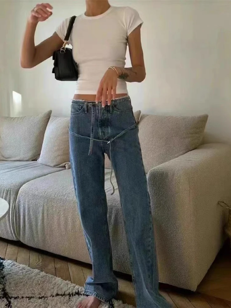 

2024 Spring New Women Lace Up Jeans Solid Color High Waist Trousers