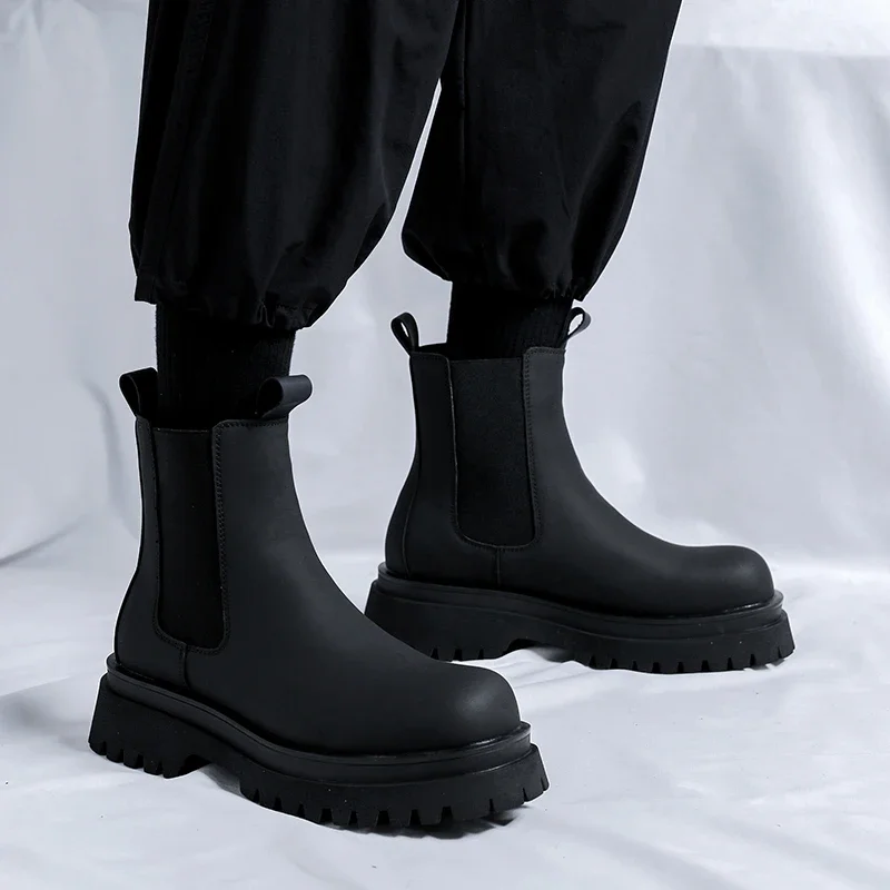 Platform High Top Boots Men High Heel Genuine Leather Ankle Chelsea Boots Men Punk Shoe Thick Bottom men chelsea boots men leather shoes