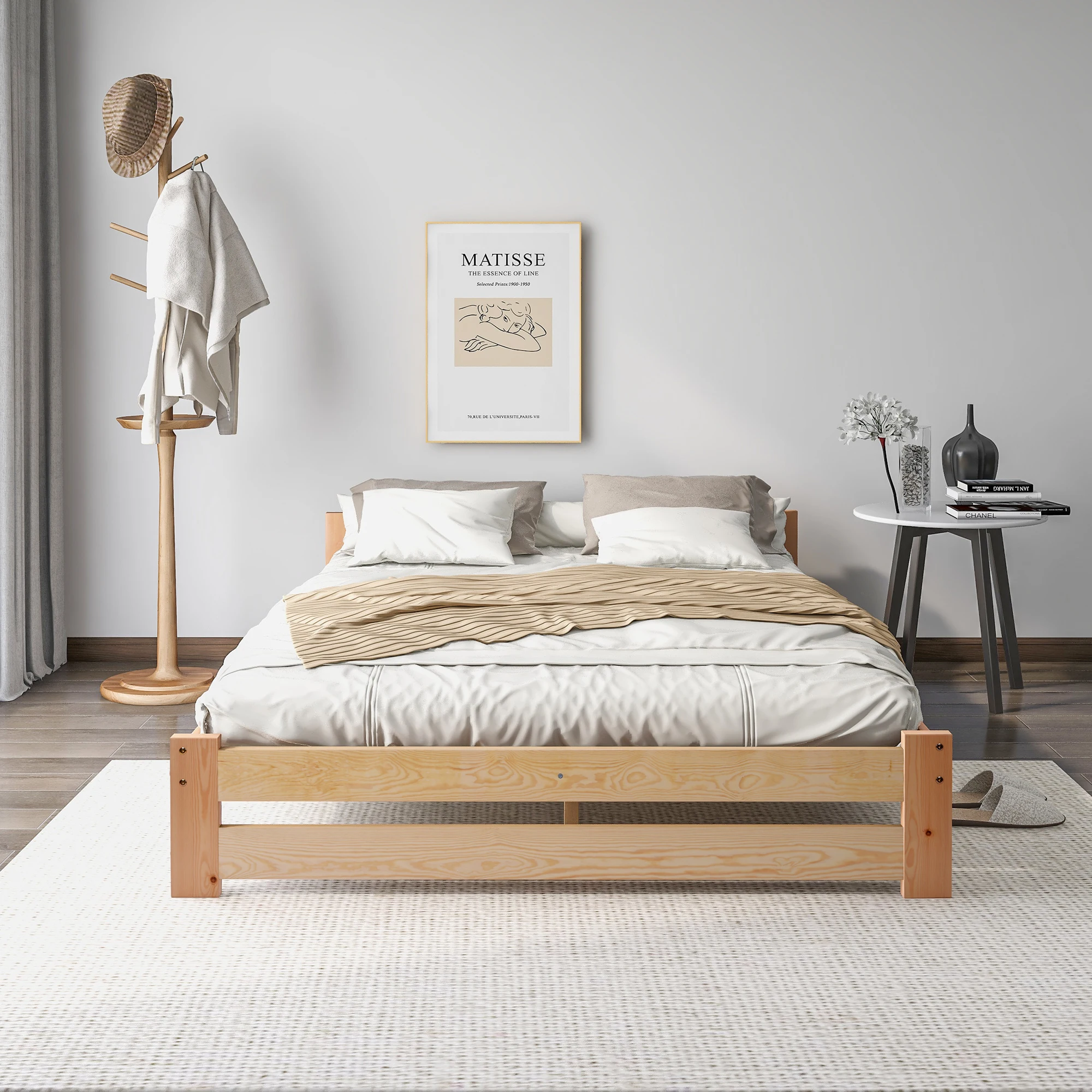 140X200CM Solid Wood Bed Natural Bed with Headboard Slatted Frame for Adults, Children, Teenagers Dormitory Bedroom Furniture