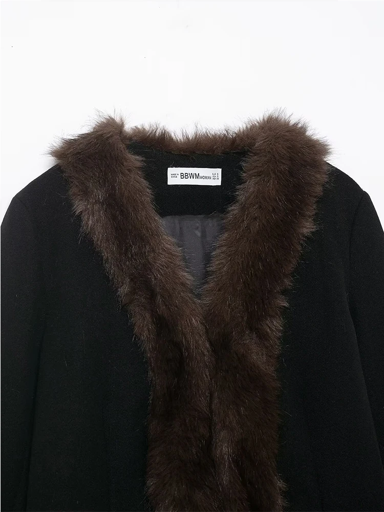 Women's Elegant Faux Fur Collar Patchwork Slim Jacket Fashion High Quality Long Sleeve Coat 2025 New Lady Commuter Outwear ﻿