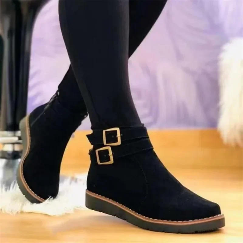 

2023 New Women's Boots Casual Round Toe Side Shoe Zipper Buckle Strap Decoration Ankle Vintage Leather Ladies Boots