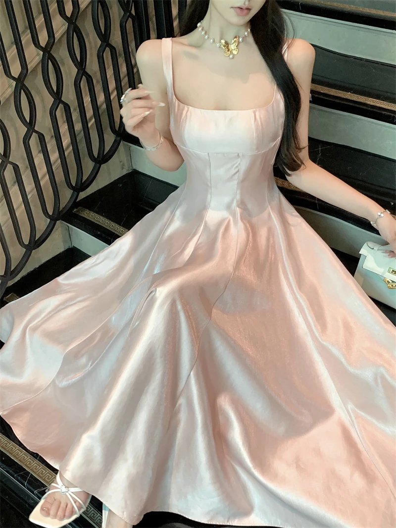 Elegant Satin Midi Dresses for Women Sleeveless High Waist Evening Party Dress A-line Prom Robe Korean Fashion Summer Vestidos