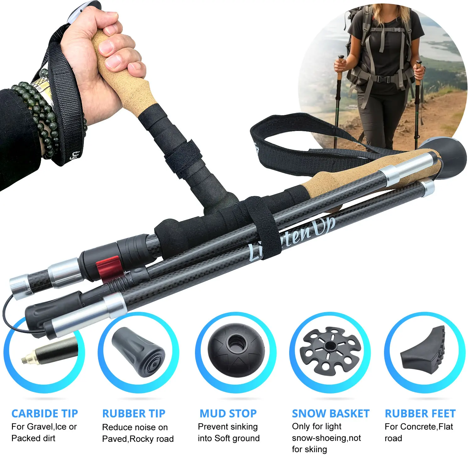 2Pcs Lightweight Trekking Sticks Canes Folding Climbing Poles Walking Poles 3-Folded Rod Cane for Sitting EVA+Cork Handle Sticks 5