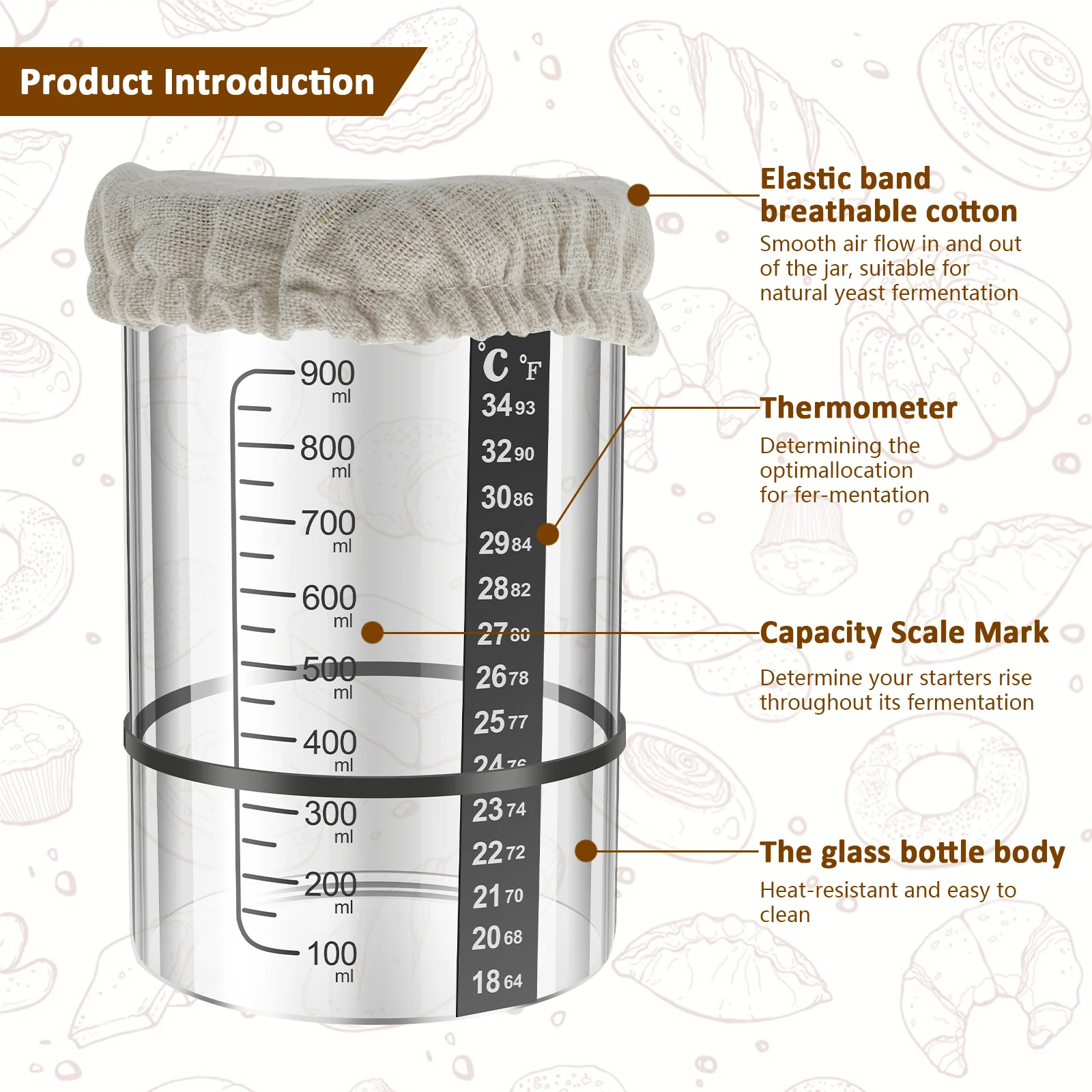 Premium 900ml Wide Mouth Glass Sourdough Fermentation Jar Kit