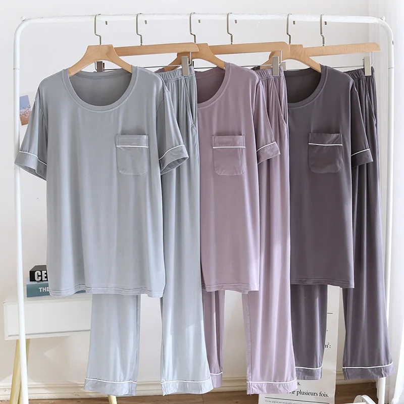 

Modal Pajamas Set Man Short Sleeve Trousers Spring Summer Thin Long Sleeves Dady Crew Neck Side Pockets Home Wear Lounge bedroom