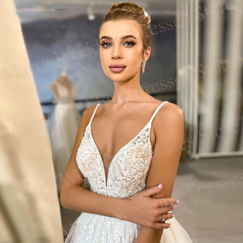 Graceful Romantic A Line Women Wedding Dresses Sexy V-Neck Lace Appliques Bride Gown Spaghetti Strap Vestido De Novia Customized 3