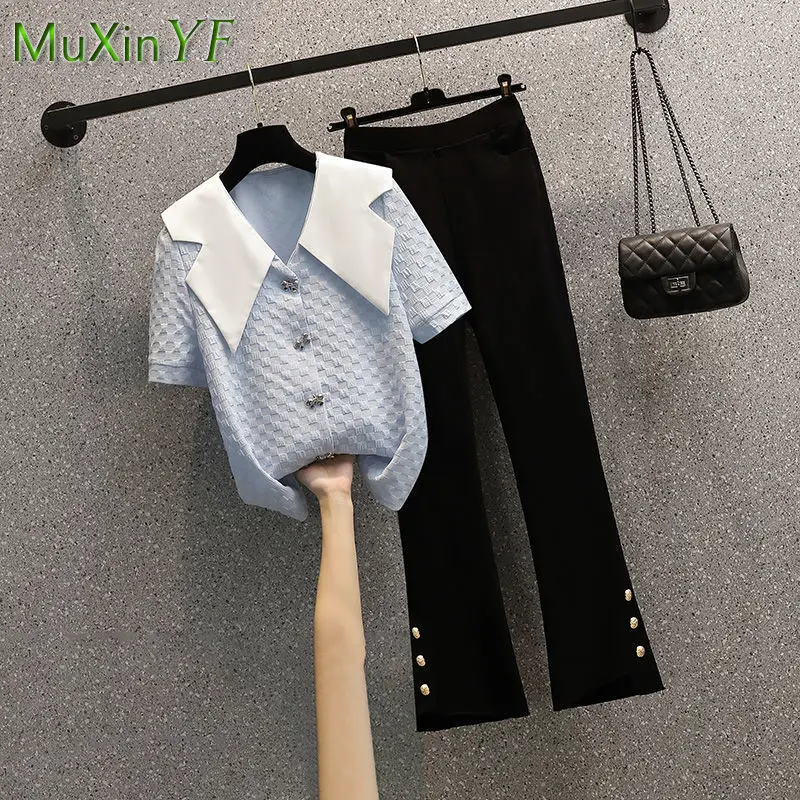 2024 Summer New Doll Collar Shirt Pants Suit Women's Short Sleeve Top + Micro Flare Trousers Two Piece Korean Elegant Blouse Set men s trendy splicing design niche jeans street personality wear wide leg casual pants high end micro flared straight trousers