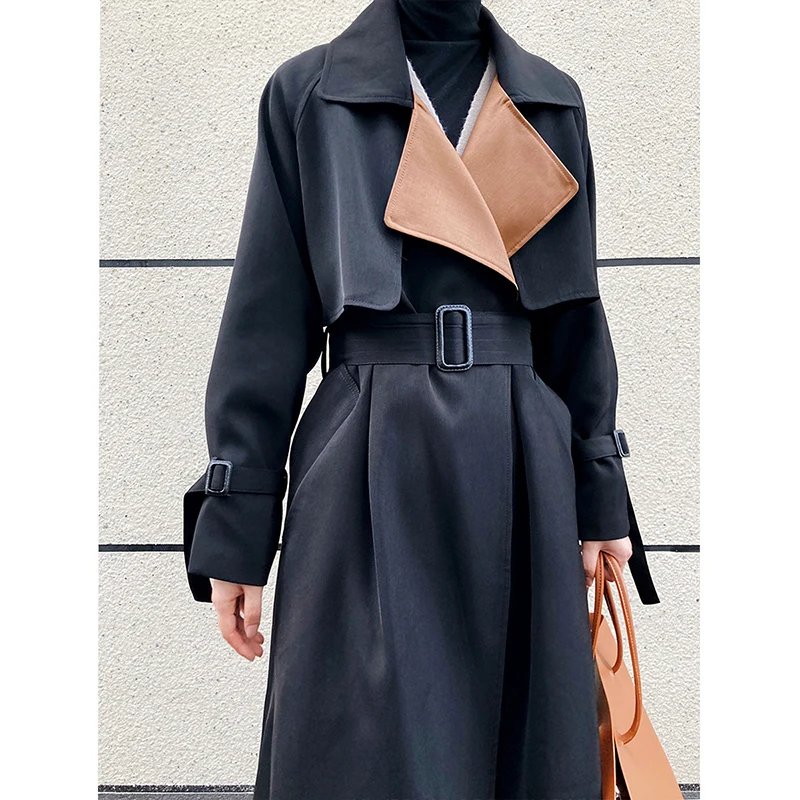 Women's Stitching Contrast Color Trench Coat 2022 Spring Autumn Long Windbreakers Female Temperament Belted Trench Coat Overcoat designer puffer coat Coats & Jackets