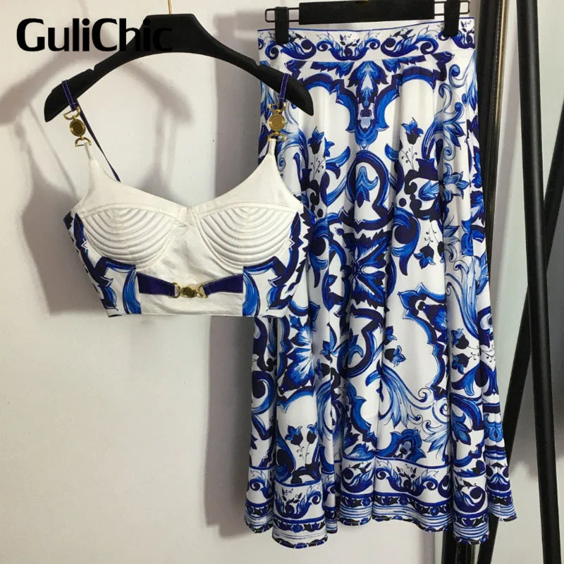

7.25 GuliChic High Quality Metal Button Spaghetti Strap Tank Top And High Waist Loose Midi Skirt Print Temperament Set Women