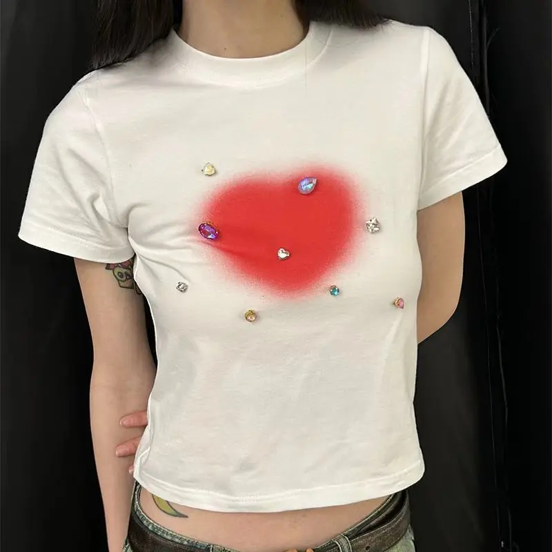 

HOUZHOU Y2k Harajuku T-shirt Women Summer Diamonds Vintage Gradient Heart Printed O-Neck Slim Crop Top Kpop Short Sleeve Tee