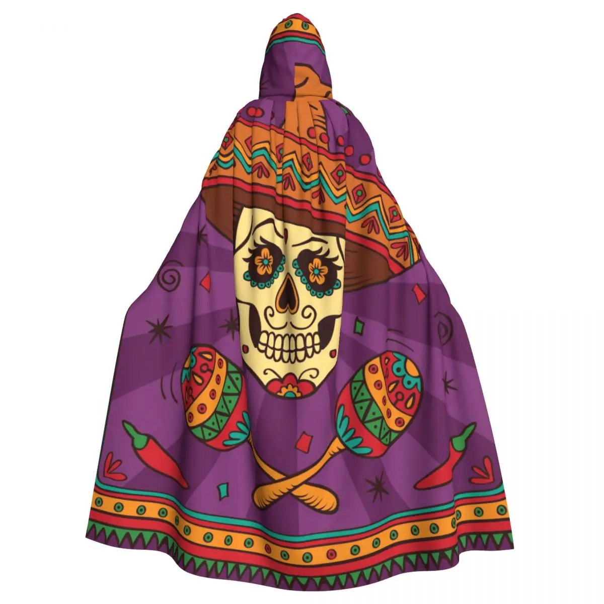 

Mexican Sugar Skull Cloak Hooded Cosplay Costume Halloween Adult Long Party Cape