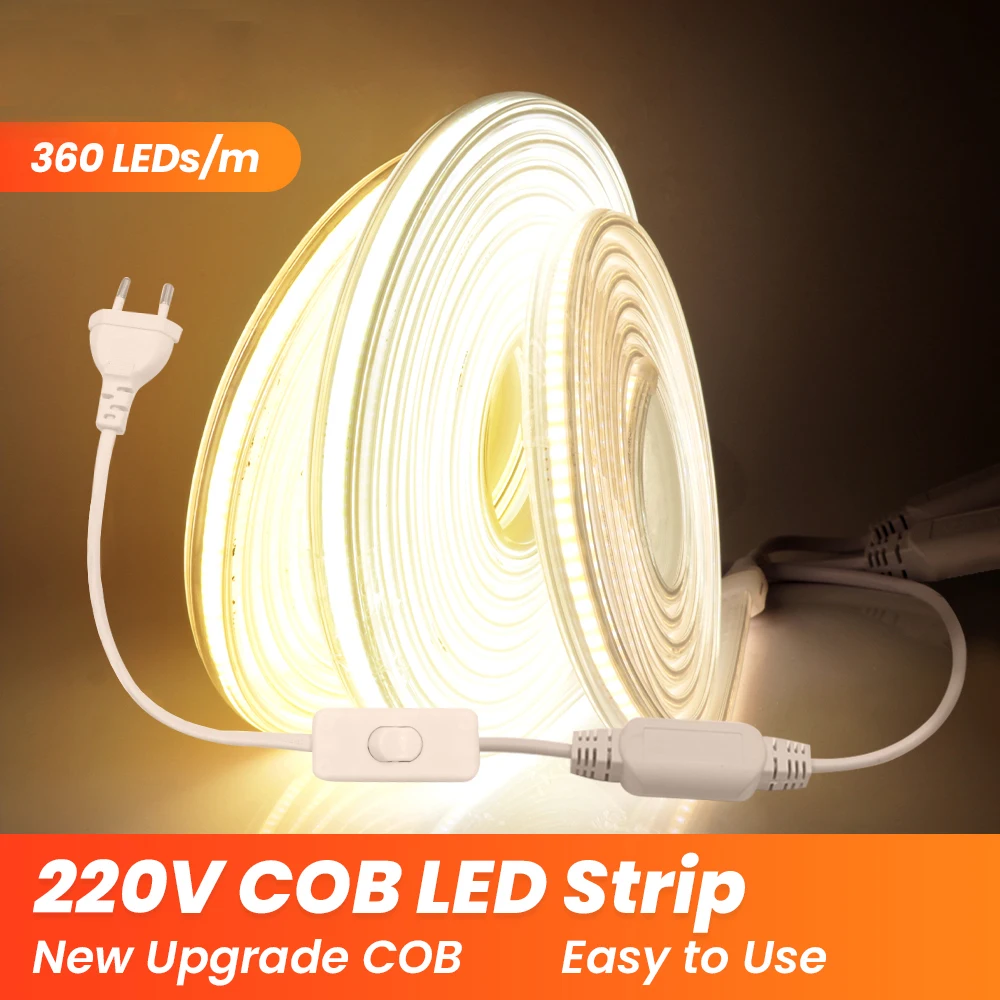 220V COB Led Strip Light With Switch Power Plug 360LED/m Super Bright Waterproof CRI 90 Linear Lighting Flexible LED Ribbon neon light strip with dimmer eu 220v soft cob light bar silicone tube rope super bright 288leds m waterproof flexible neon sign