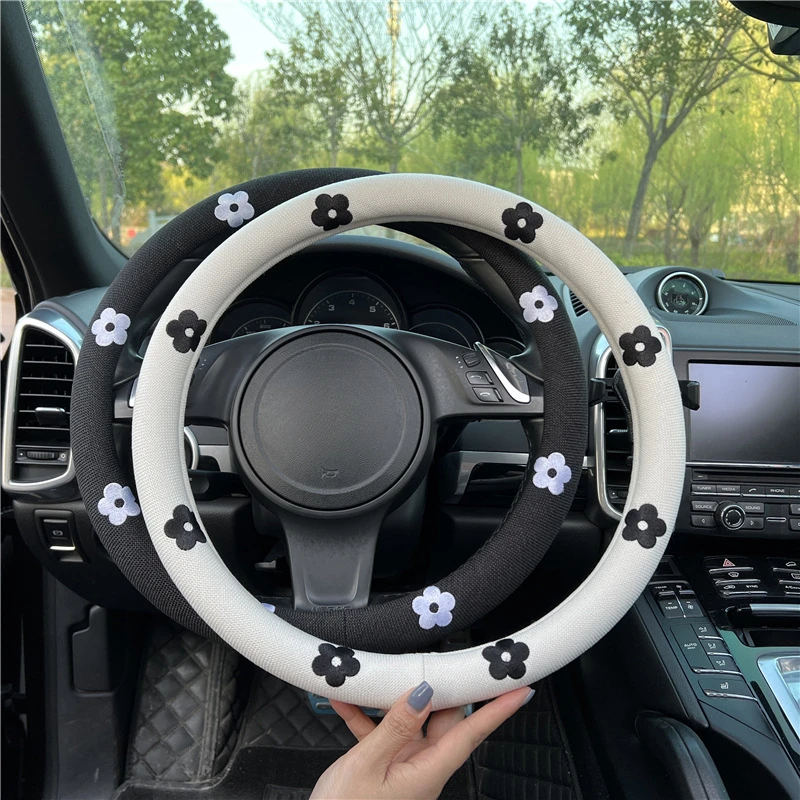 Kleiner Gänseblümchen-Lenkradbezug aus Baumwolle und Leinen, atmungsaktiv, rutschfest, mit niedlichem Auto-Lenkradbezug – Detail 2