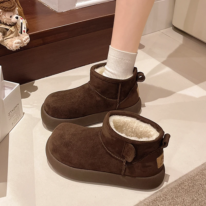 Aphixta Winter Warm Snow Boots Cow Suede Short Plush Lining Woman Flat With Boot Brown Round Toe Slip On Concise Ladies Footwear