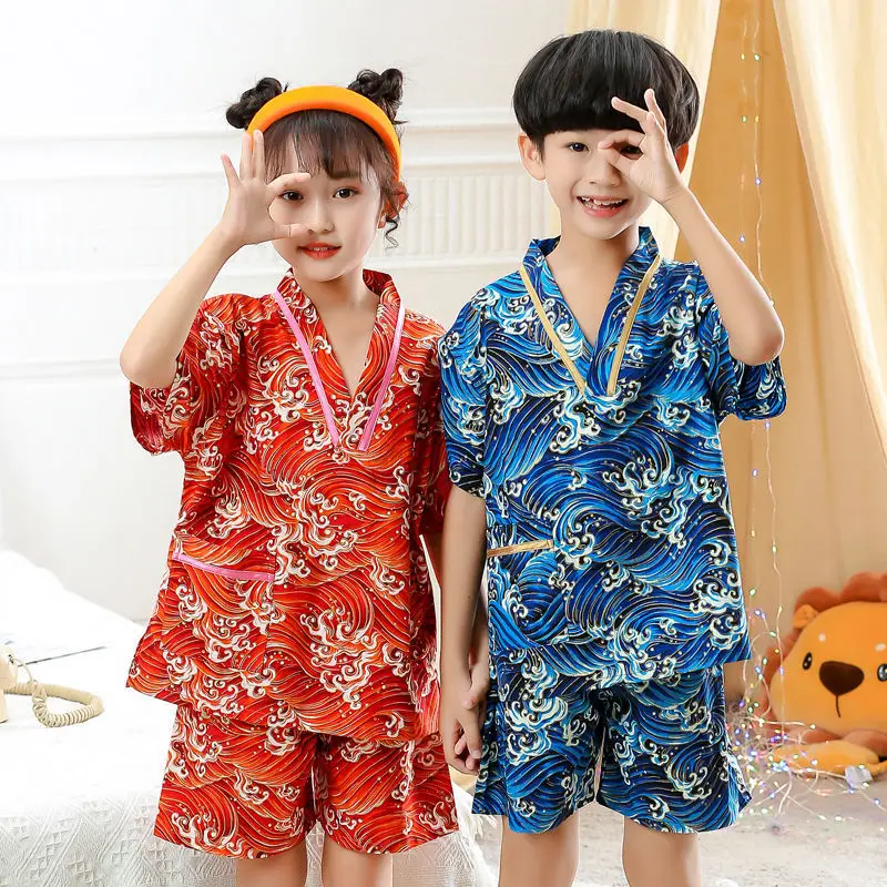 Cotton Children's Japanese Pajamas Baby Boys Girls Pajamas Set Kids Household Short-Sleeved Soft Kimono Yukata Sleepwear LC977