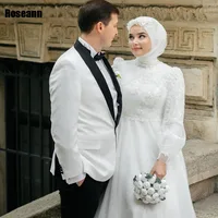 Muslim 2024 Ivory A-line Wedding Dresses Applique Flowers Draped Pleat Brush Train Satin Bride Gown Floor Length robe de mariée 2