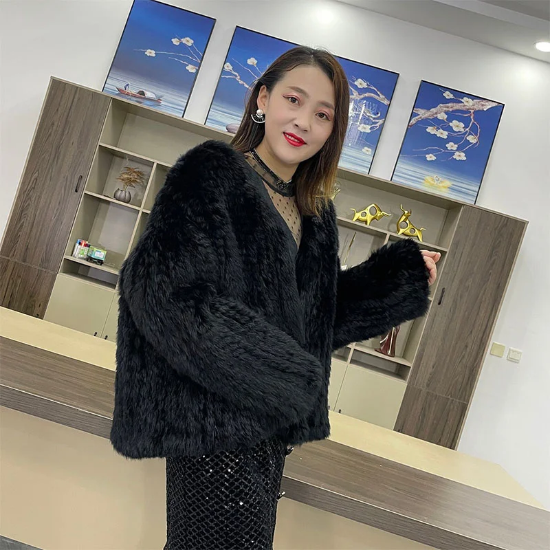 New Winter Women's Long Fur Coat Thickened Double Sided Woven Rabbit Fur Coat Fashionable V-Neck Loose Cardigan