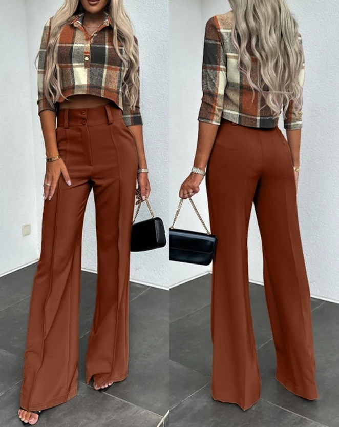spot women s 2023 new hot selling casual fashion spring summer loose sleeve shirt high waist pants set Women's New 2023 Hot Selling Casual Fashion Checker Printed Half Sleeves and High Waist Pants Set In Stock