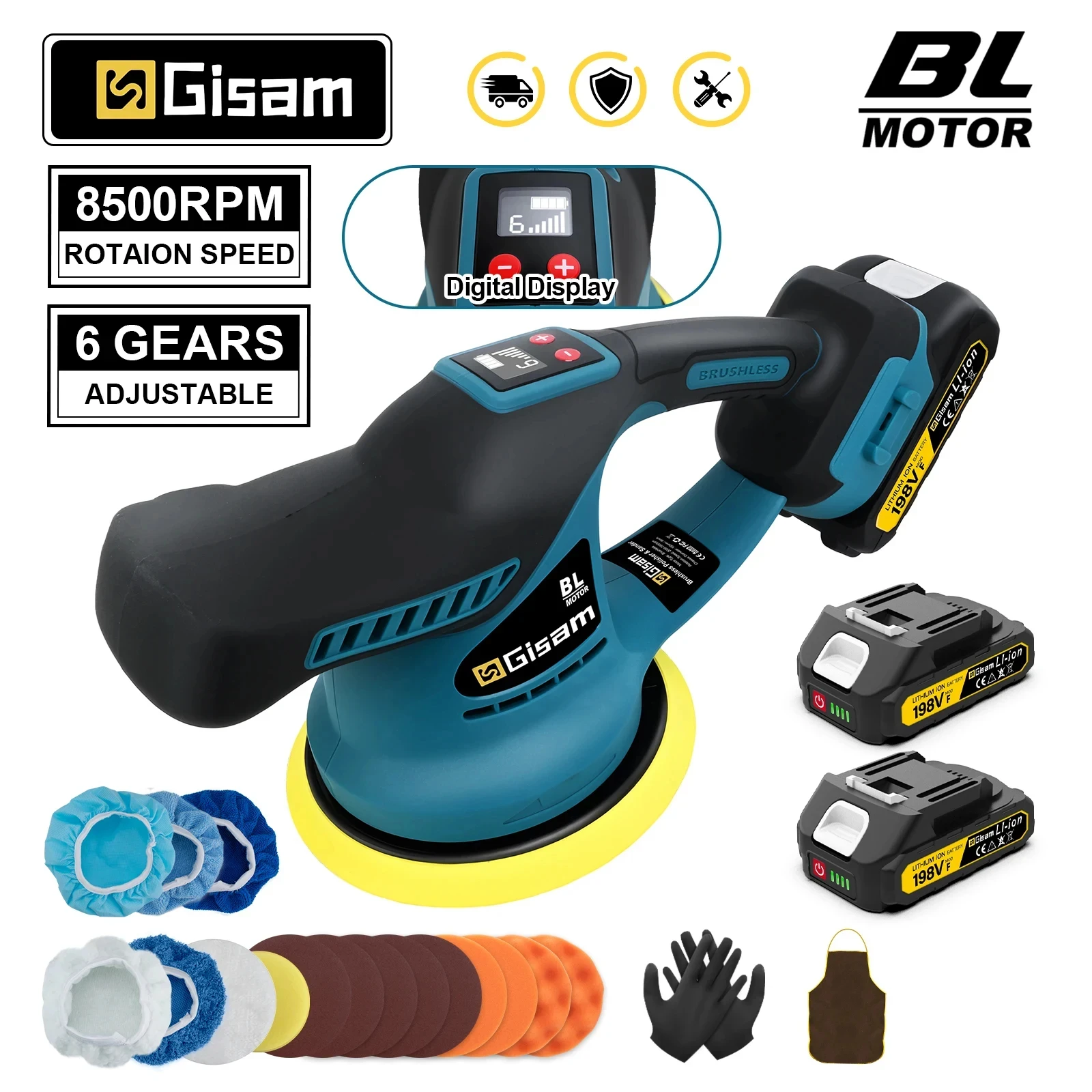 GISAM Brushless Electric Car Polisher 1420, 6 gear cordless auto waxing sanding sealing glaze tool, compatible with Makita 18V battery pin