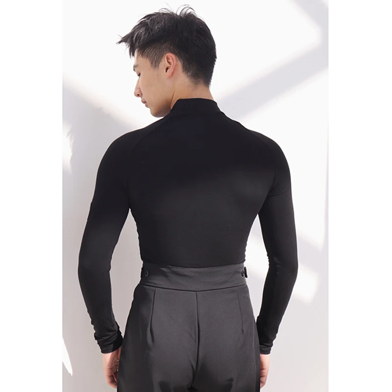 Men Latin Dance Competition Tops Long Sleeves High Collar Bodysuit Adult Male ChaCha Rumba Ballroom Dance Clothes
