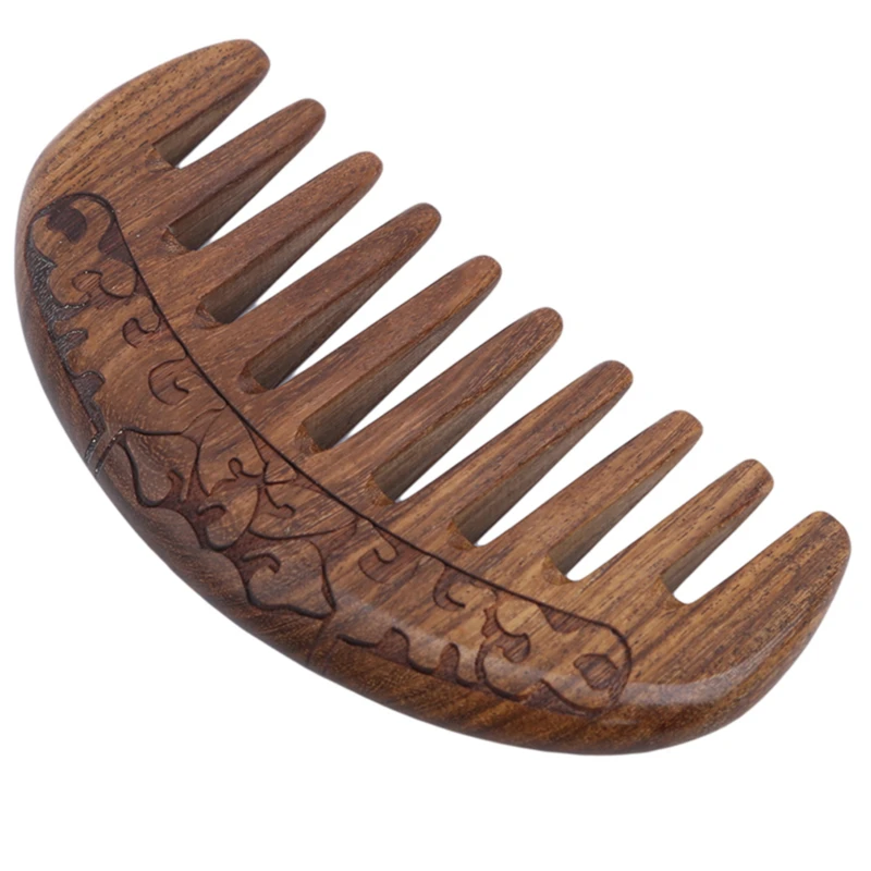 Handcrafted Sandalwood Crescent Comb – Wide-Tooth Anti-Static Wooden Hair Comb with Carved Detailing