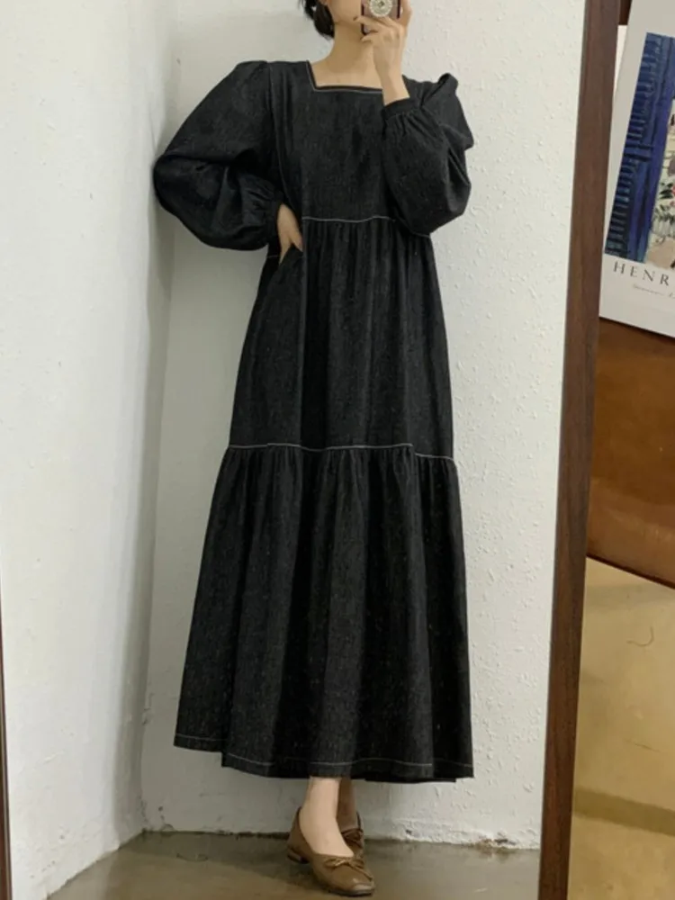 Denim Spring Autumn Long Square Collar Dress Women Ruffle Pleated Korean  Style Fashion Ladies Dresses Long Sleeve Woman Dress - AliExpress