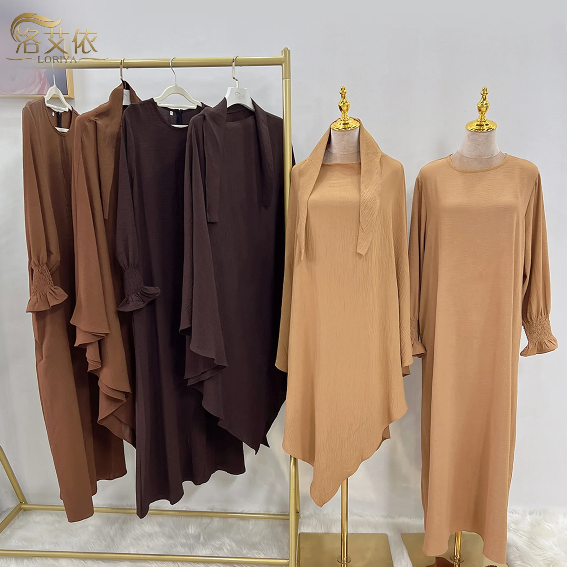 

Women Two Piece Muslim Sets Eid Single Layered Headscarf Dress Kimono Khimar Hijab Abaya Kaftan Jilbab Long Robe Islam Clothing