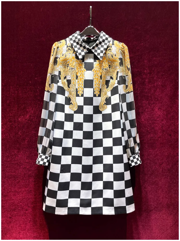 

European and American women's clothes 2024 spring new lapel Long sleeve vintage plaid print Fashion dress XXL