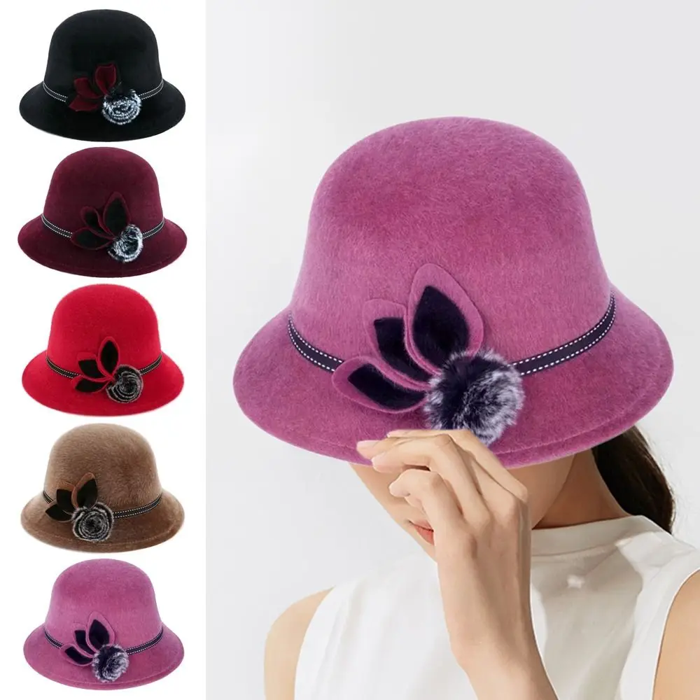 Autumn Winter Imitation Mink Fur Basin Hat Elegant Ladies Fedoras Cap With Flower Vintage Dome Hat Outdoor Sun Hat Wool Hats