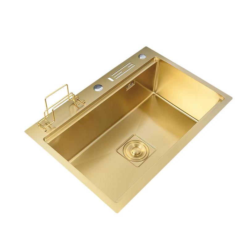 Kitchen sink brushed gold 304 stainless steel with knife holder ladder handmade single bowl gold drainer large size
