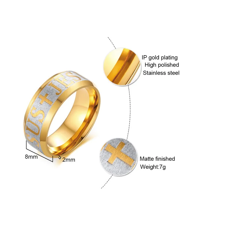 316 Titanium Steel Gold Color Christian Jesus Cross Ring Letter Bible Prayer Finger Rings For Men 8mm Amulet Jewelry Gift