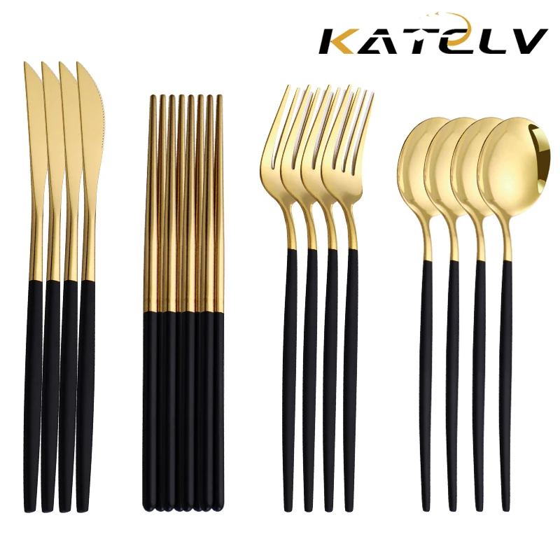 Cutlery Set 12-16 Pcs Korean Dinnerware Black Gold Cutlery Chopsticks Knife Fork Spoon Golden Stainless Steel Luxury Tableware