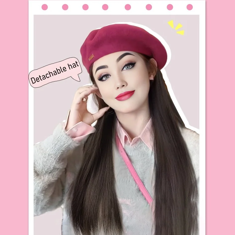 Synthetic 45cm/20 inch pink beret long straight hair with inner button wig, pink wig, pink/black hat, hat extension, Halloween