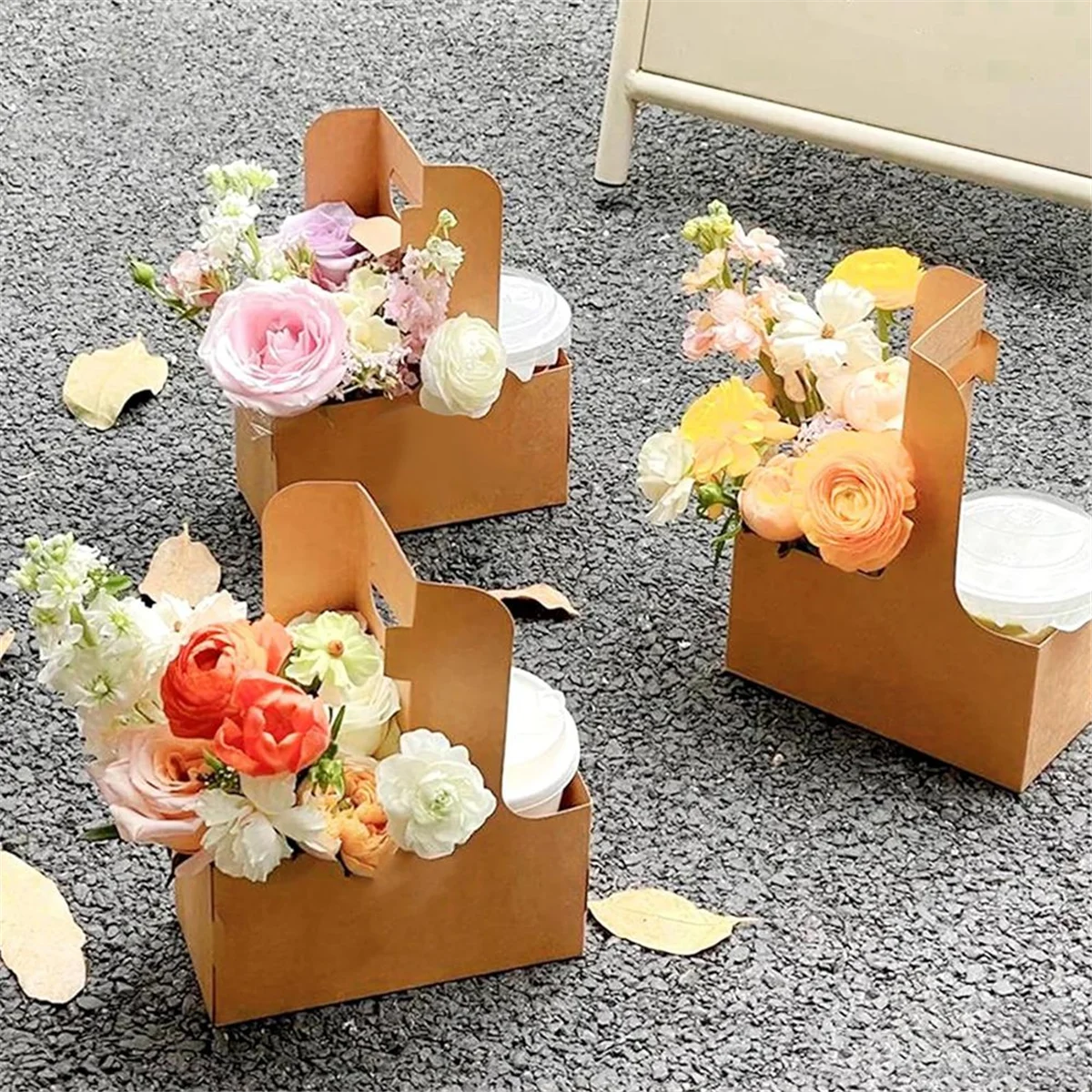 Kraft Flower Gift Bags 25Pcs Drink Carrier with Handle to 2 Cup Rectangle Floral Wrap Packing Box Kraft Flower Holder