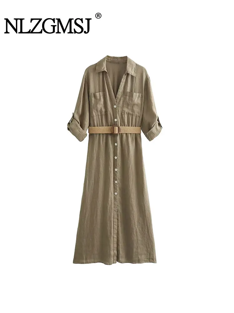

Платье-рубашка Nlzgmsj TRAF цвета хаки, женское длинное платье на пуговицах с поясом, женские офисные платья, Повседневное платье с отложным рукавом 2023