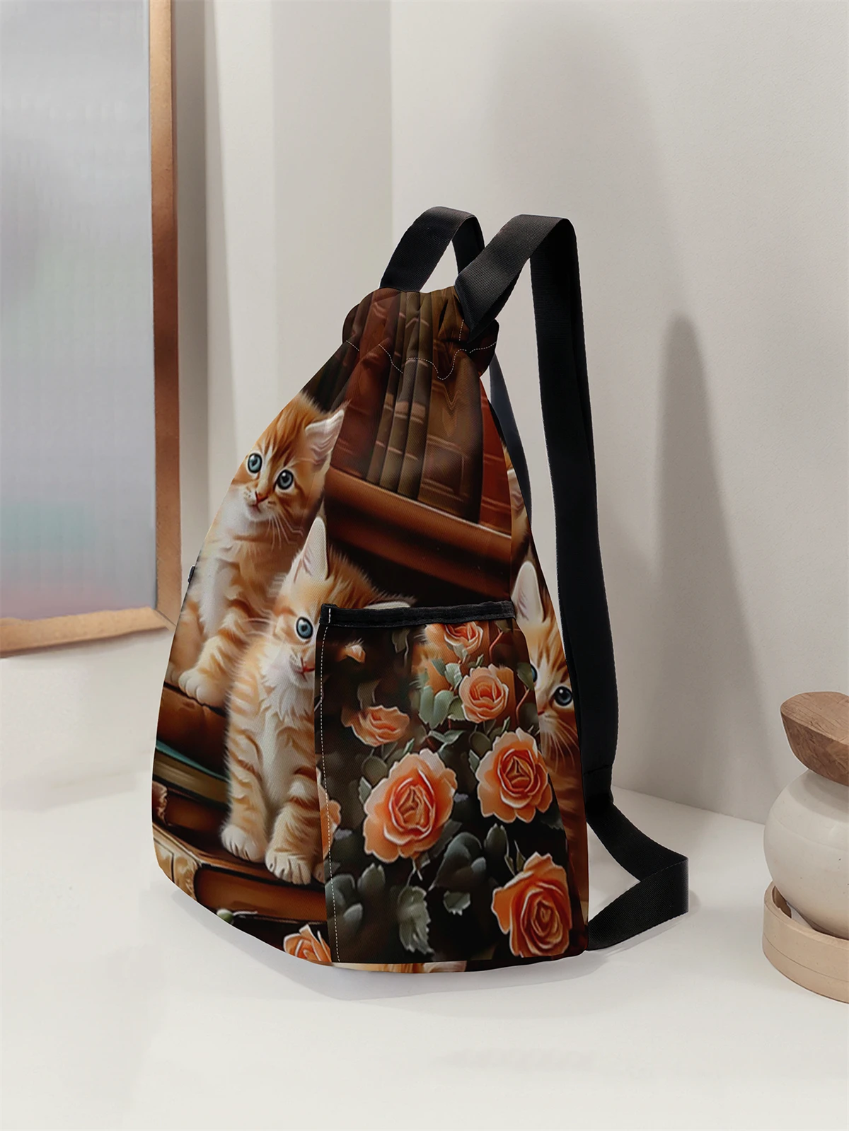 Cute Cat Pattern Printed Drawstring Backpack - Large Capacity Durable Fitness Bag, Sports Beach Backpack