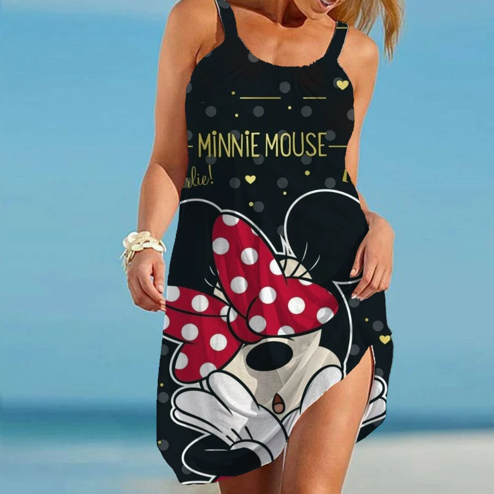 

Women's Dress Minnie Mouse Elegant Dresses Boho 2023 Sling Summer Woman Loose Beach Sexy Mickey Cartoon Sleeveless Disney Print