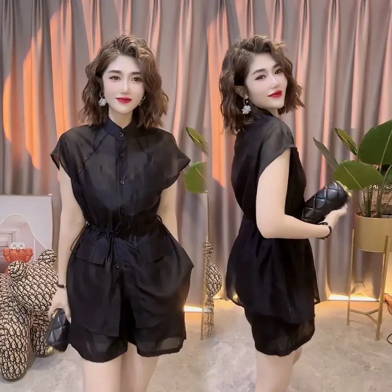 Fashionable Women's Set Summer High-end Light Mature Style Slim Waist Thin Shirt High Waisted Shorts Two-piece Set