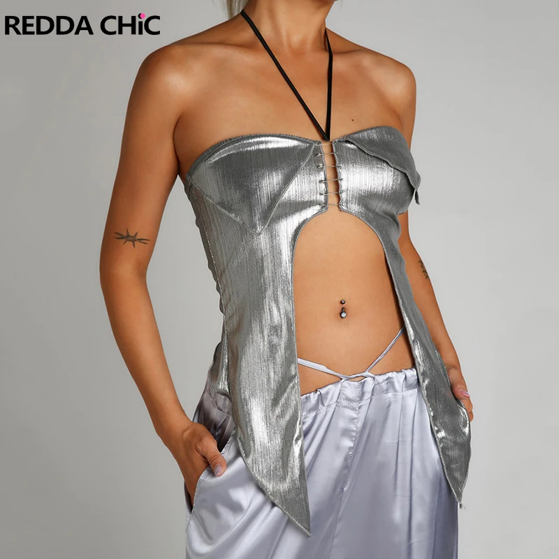 

ReddaChic Cut-out Silver Metallic Y2k Top Women Off-shoulder Hotties Summer Bandage Halter Top 90s Retro Music Festival Outfit